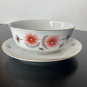 Vintage Schumann Arzberg Coral Pine‎ Gravy Boat Attached Underplate Germany MCM